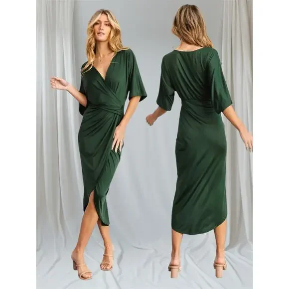 Baltic Born Solana ruched hunter green wrap 3/4 sleeve dress size Medium NWT - Picture 1 of 10